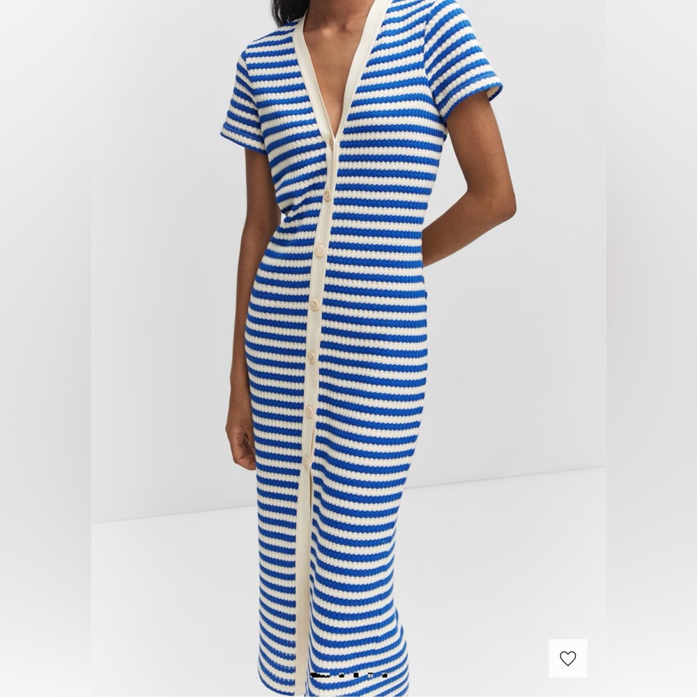 Mango Blue and White Striped Button-Front Knit Dress